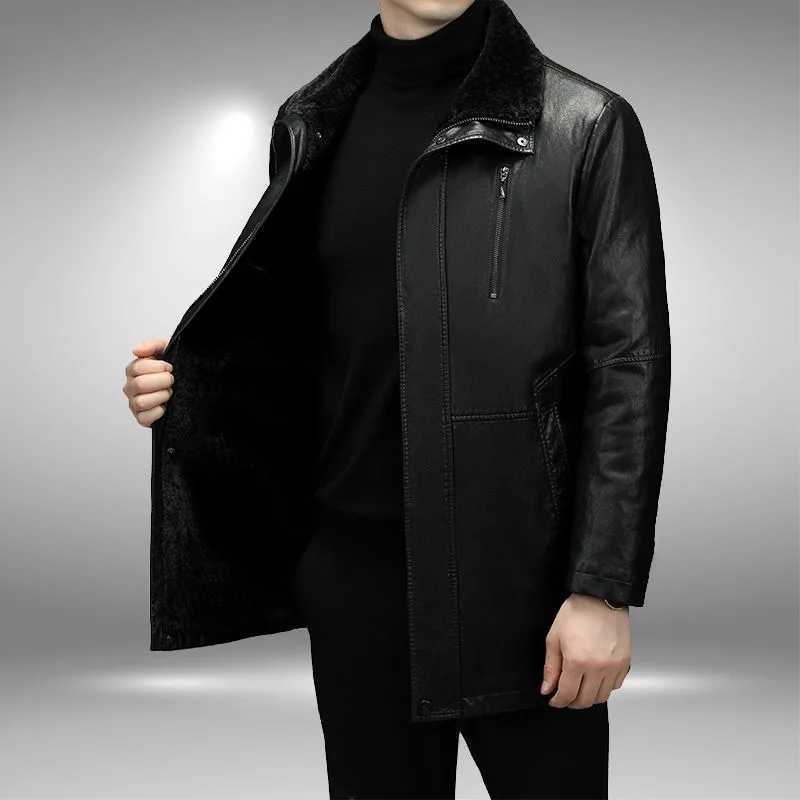 New mens fashionable casual fur integrated leather jacket winter mens medium thick wool lining warm sheepskin jacket W240918