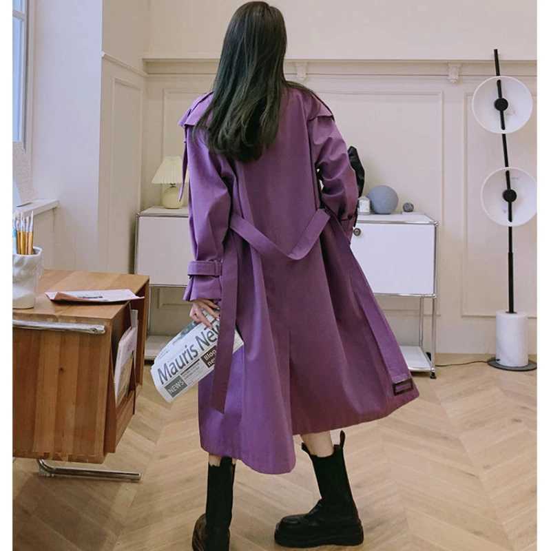 Purple Womens Windbreaker Baggy 2024 Spring Autumn New in Outerwears England Style Mantle Trenchcoat Long Jackets Lace Up CoatsX240921