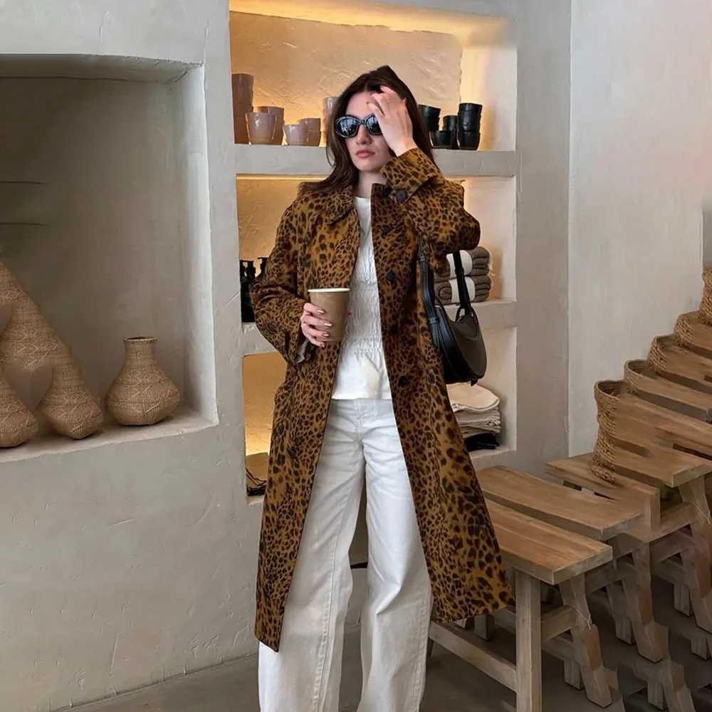 PRINTKAOIR 2024 Autumn Leopard Print Women Oversize Trench Long Sleeve Mid Length Loose Jacket Female Coat Streetwear Y2KX240921
