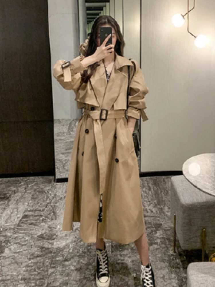 Lapel Women Trench Coat Topcoat Double-breasted Casual Coat Pure Color Autumn Winter Overgarment Waistband Windbreak JacketX240921