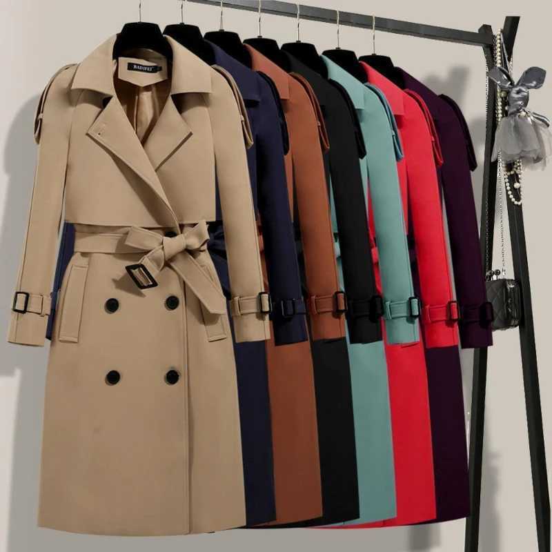 Womens Long Coats with Belt Autumn Korean Windbreaker Ladies Double-breasted Solid Khaki Adjustable Waist Trench Coat for WomenX240921