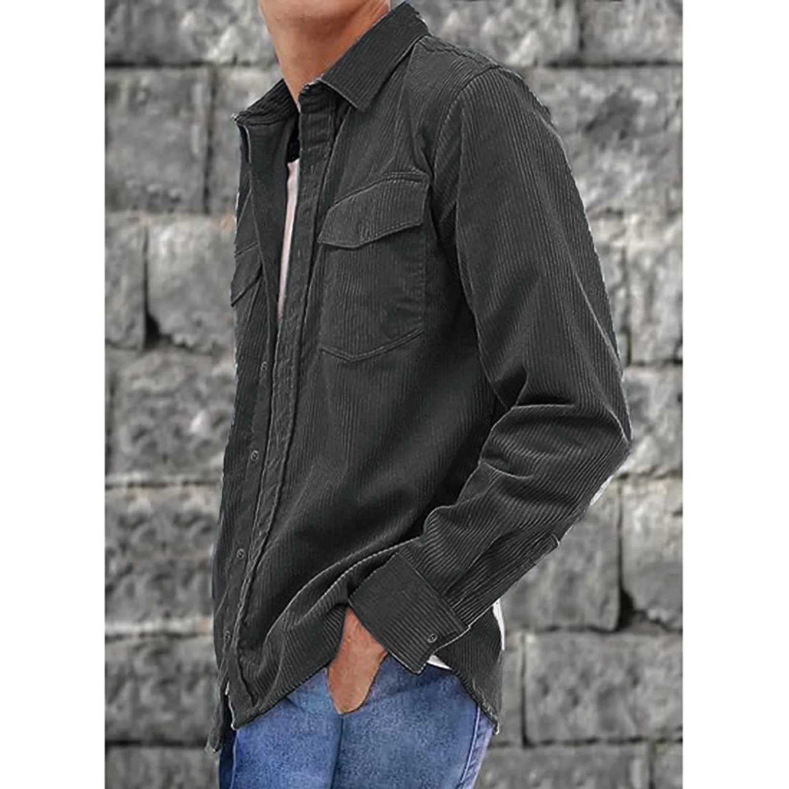 Mens Corduroy Button Down Shirts Long Sleeves Classic Corduroy Shirt Jacket for Friends Gathering Wear M240921