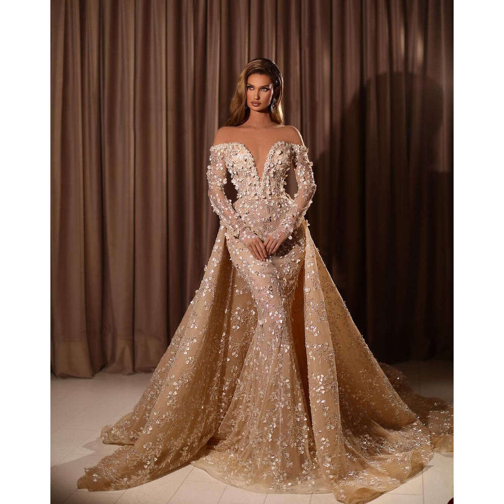 Chic Champagne Wedding Dresses Off Shoulder Lace 3D Appliques Bridal Gowns Custom Made Illusion Vestido De Novia 6660311