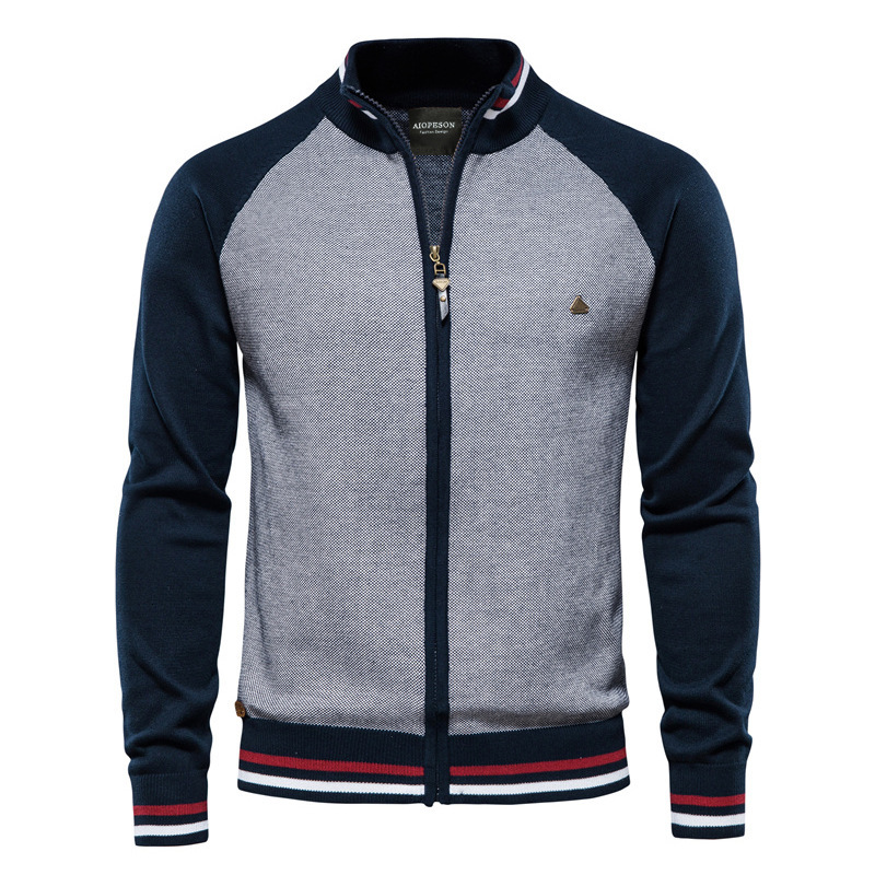 Stand Collar Color Contrast Knitting Pure Cotton Korean Tight Jacket Men's Business Casual Sweater