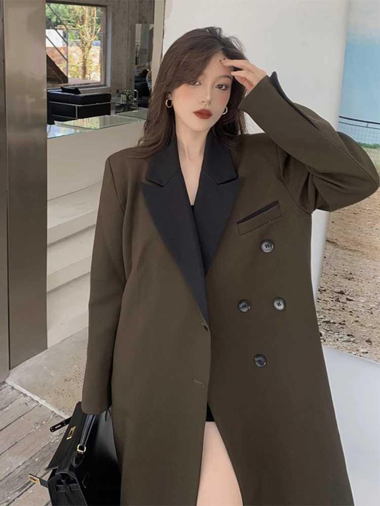 Stylishe Women Long Trench Coat Buttons Patchwork Elegant Brown Loose Blazer Jacket Female Autumn Korean Office Lady Coats ChicX240921