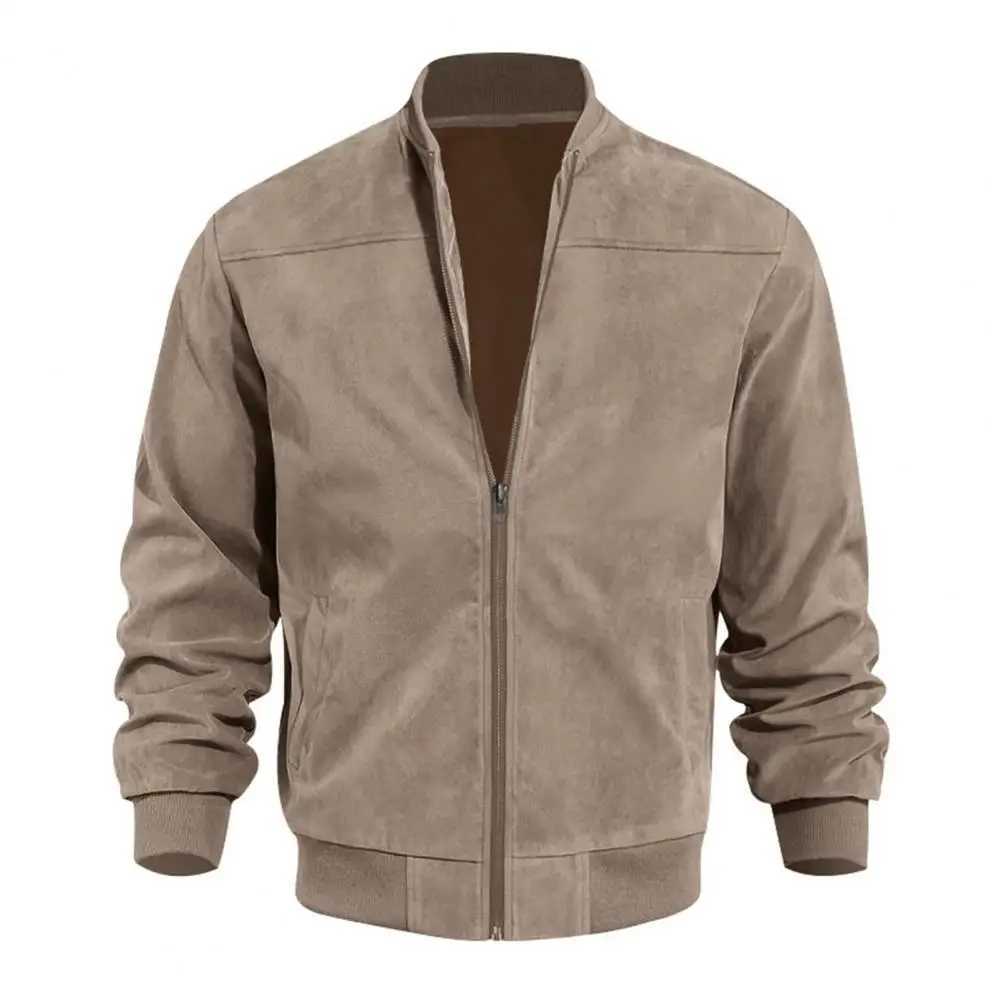 Mens Suede Jacket Stand Collar Long Sleeve Zipper Coat With Side Pockets Solid Color Loose Ribbed Sleeves Winter Coat M240921