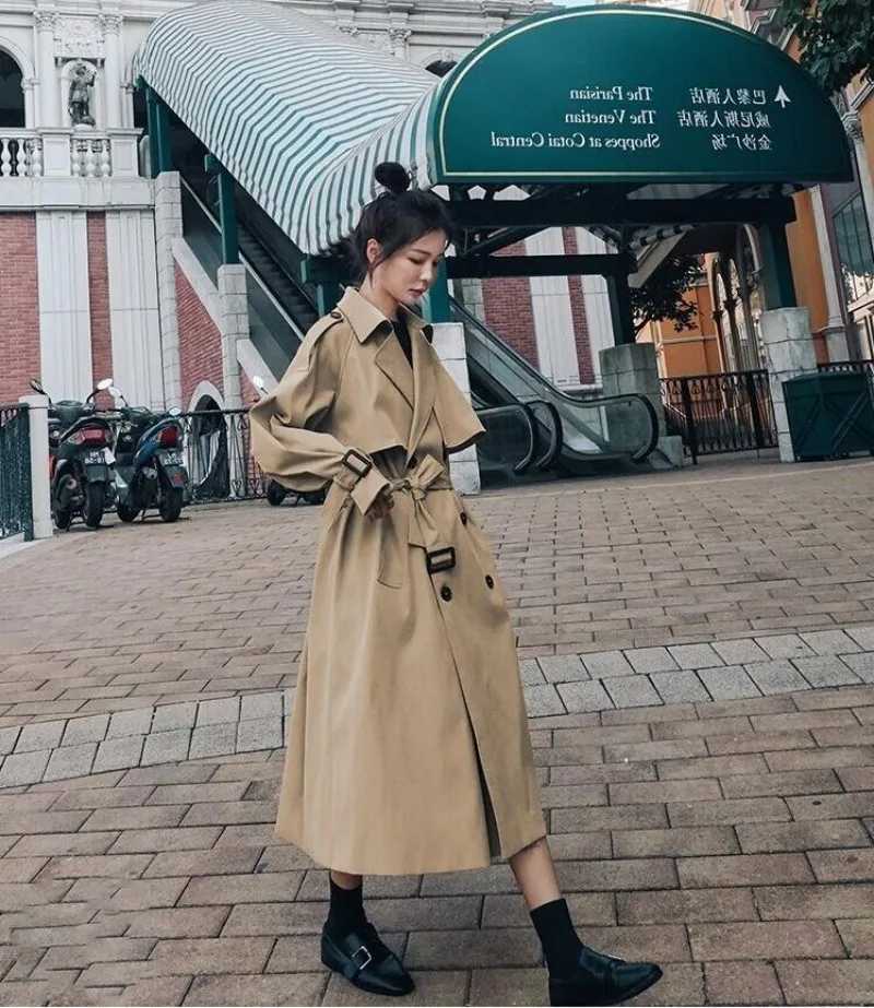 Autumn Trench Coat Double-Breasted Long Khaki Trench Coat for Women Casual Loose Jackets Classic Lapel Overcoat Belt StreetwearX240921