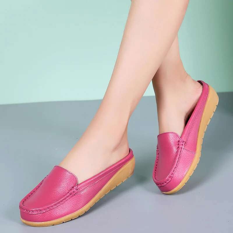 Summer Genuine Women Flats Hollow Slip On Leather Loafers Ladies Shoes Korean Style Soft Moccasins Half Slippers Size 43