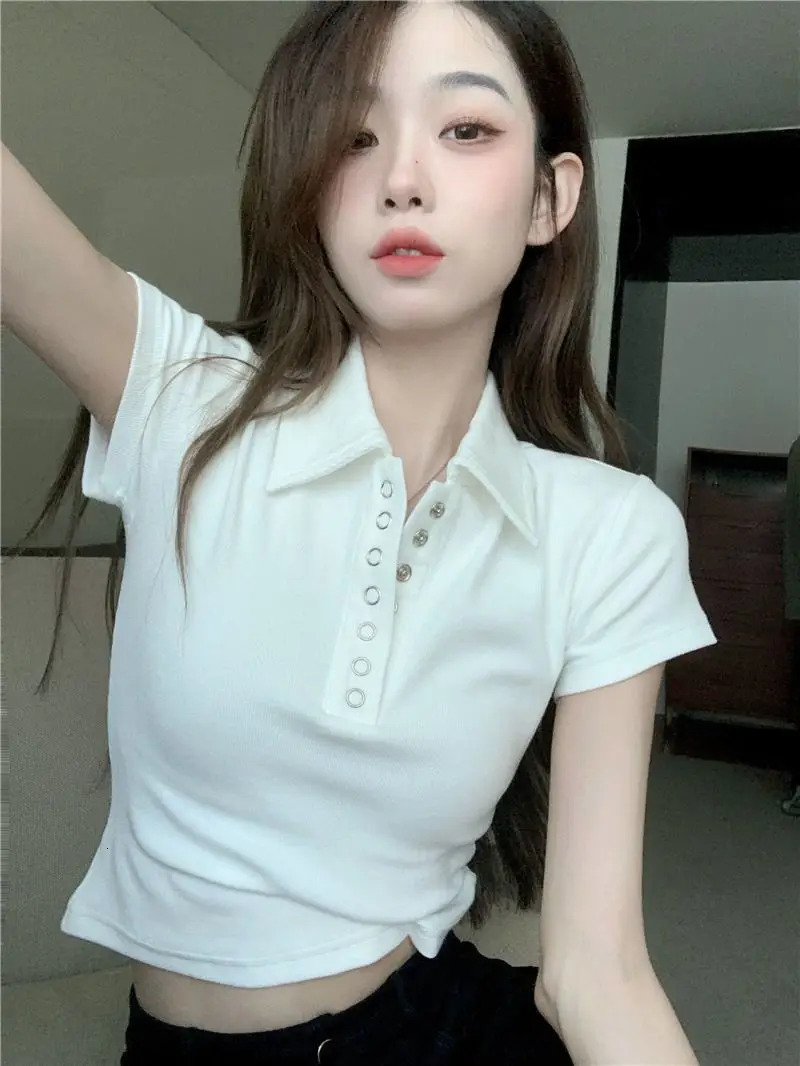 Designer women's Polo collar shirt sexy crop top plain color women's T-button slim fit white women's clothing 2024 sales trend youth ba