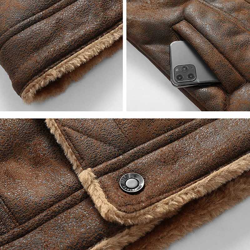 New mens leather jacket winter wool motorcycle synthetic leather jacket fashionable mens windproof lapel zipper jacket mens jacket W240918