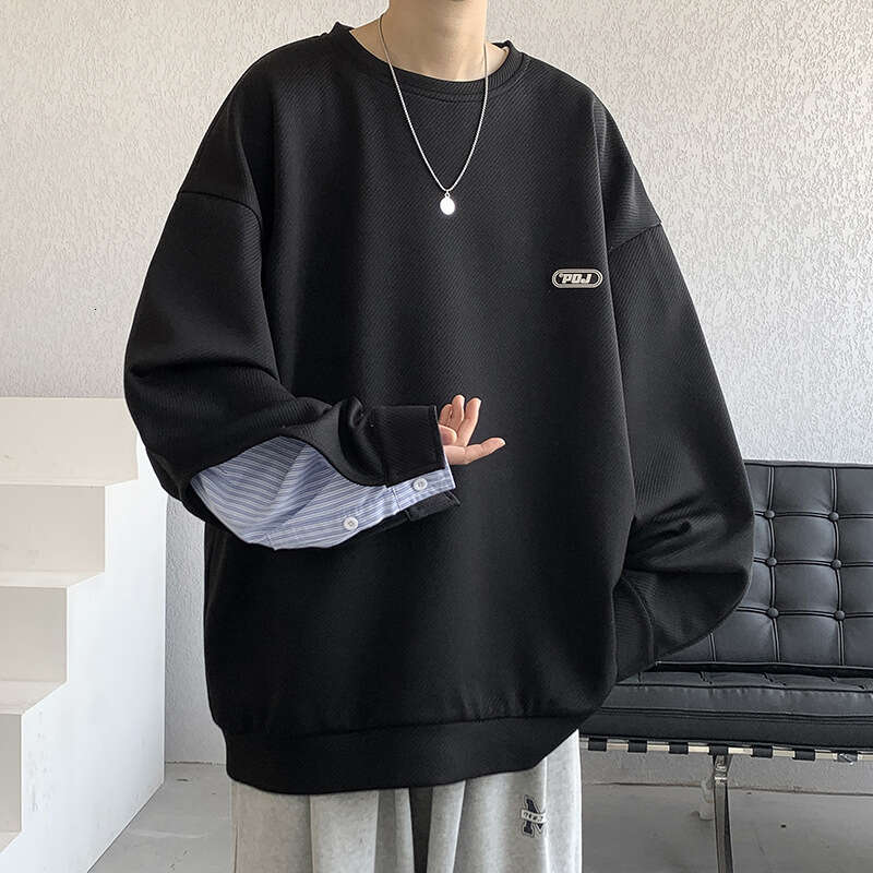 2024 Trendy Round Neck Label Hoodie Men's Spring Large Retro Striped Shirt Sleeve Splicing Top