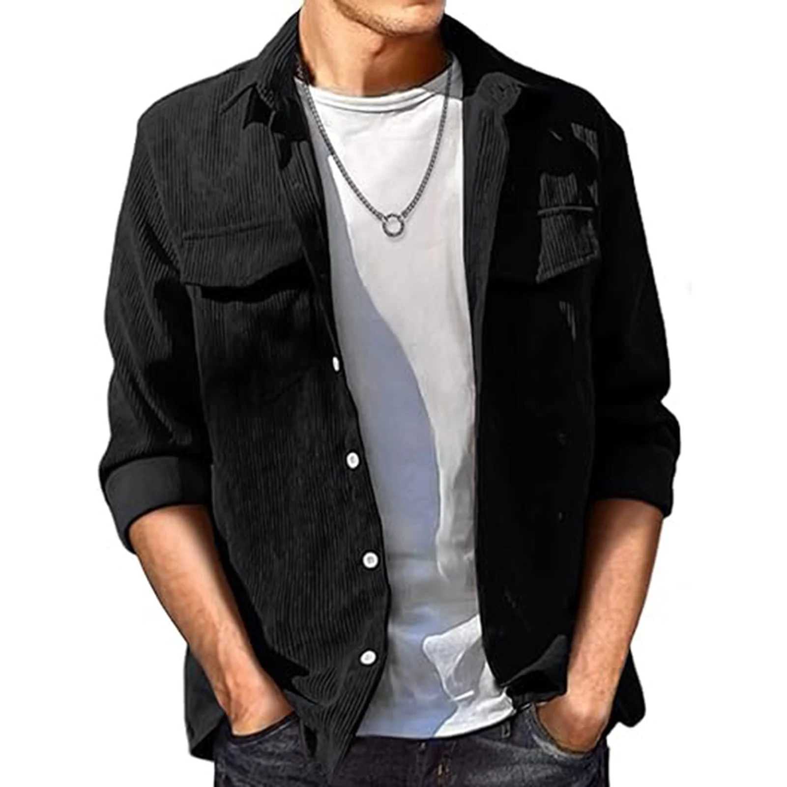 Mens Corduroy Button Down Shirts Long Sleeves Classic Corduroy Shirt Jacket for Friends Gathering Wear M240921