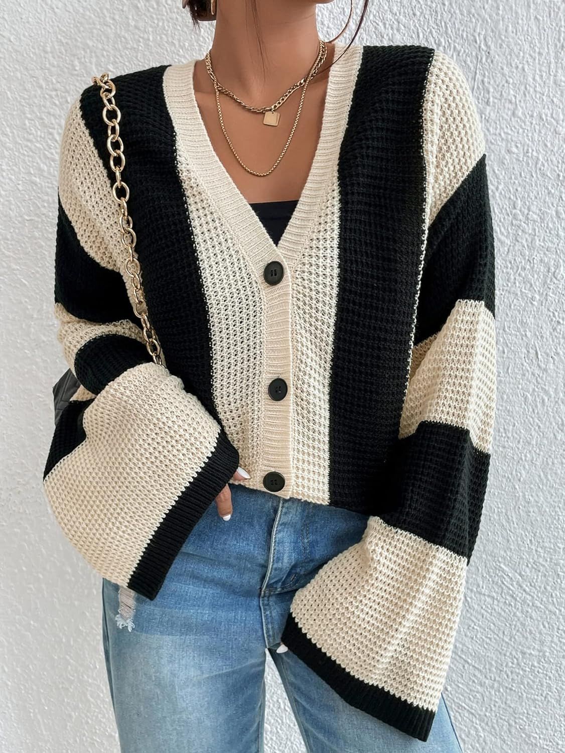 European and American fashion new autumn and winter women's clothing striped contrasting trumpet sleeve knitted cardigan loose sweater jacket