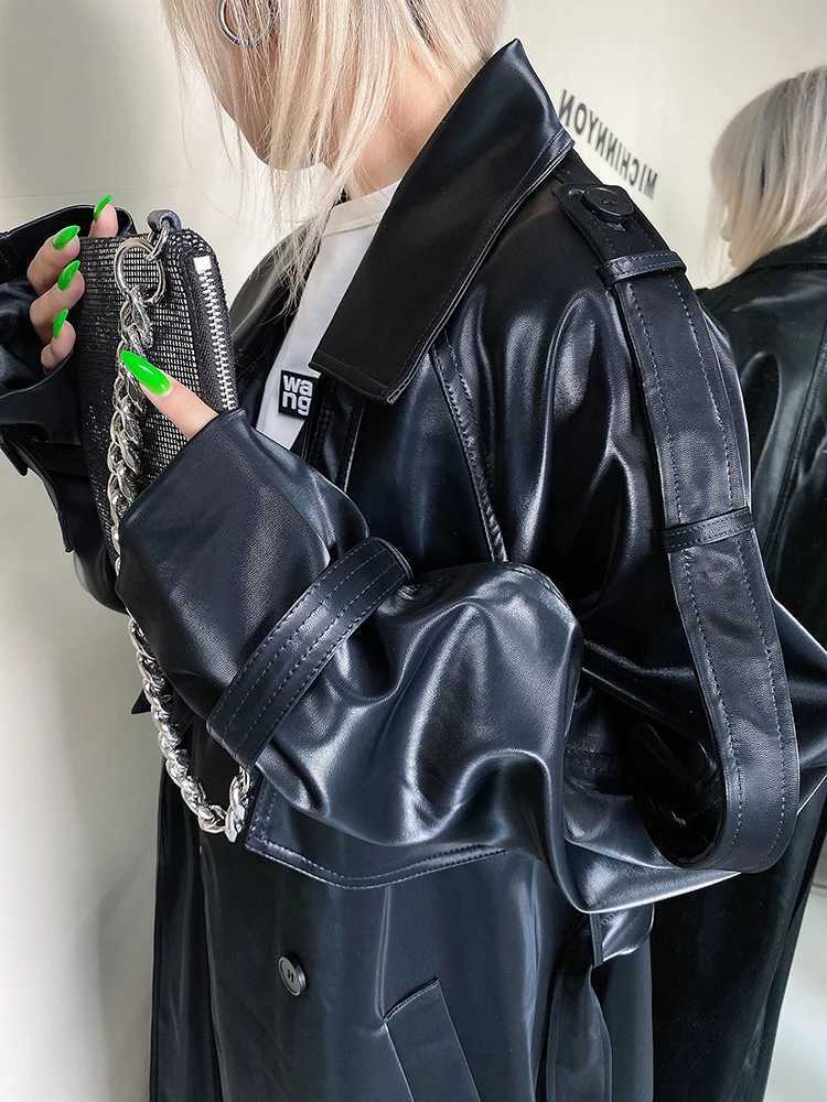 ADAgril Black Leather Trench Coat Women Retro Biker Long Windbreak Jackets Loose Korean Style Fashion Autumn Winter Clothes NewX240921