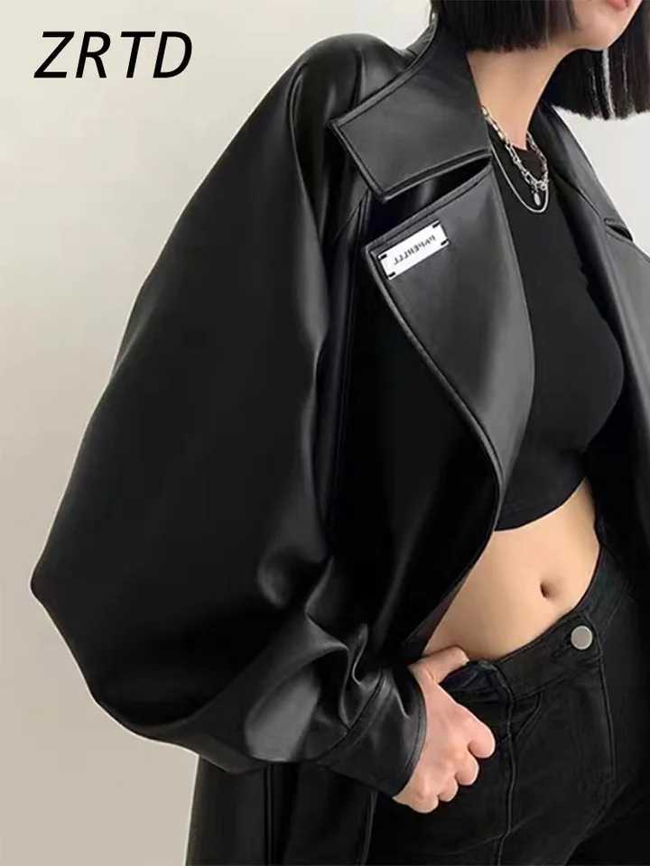 Elegant Belt Womens Leather Overcoat Loose Lapel Long Sleeve Lace Up Solid Windbreaker 2024 Autumn Winter Lady Street Long CoatX240921