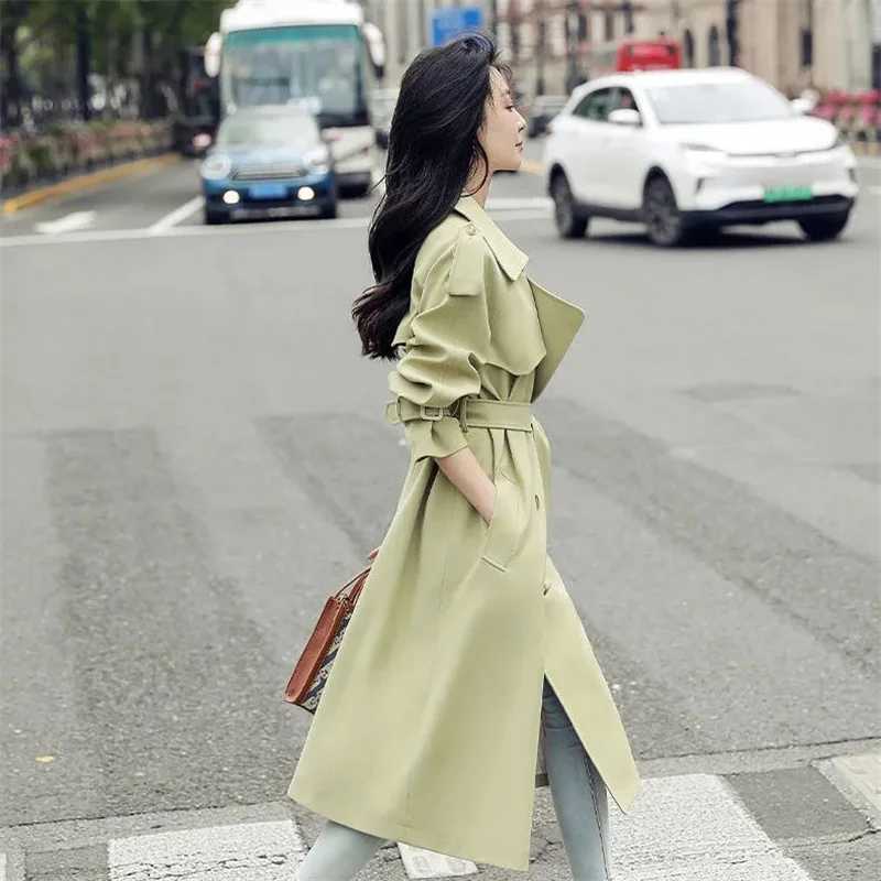 British Style Mid-Length Windbreaker With Belt Green Orange Spring Autumn New Women Casual Lapel Long Sleeve Female Trench CoatX240921