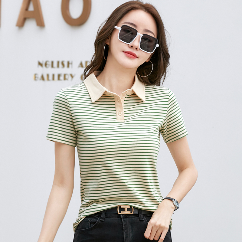 Korean style short sleeved polo shirt, cotton elastic fashionable summer top, elegant knitted striped women's T-shirt, free shipping