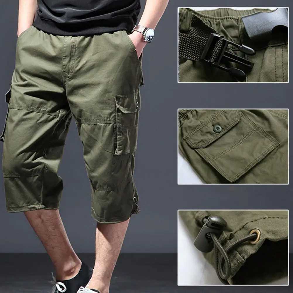 Trendy Drawstring Cotton Camouflage Print Multi Pockets Cargo Pants Loose Type Men Cropped Pants Daily ClothesX240921