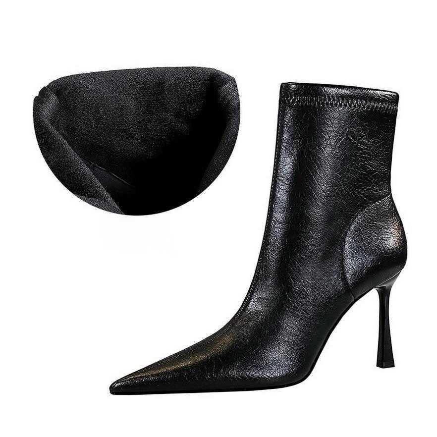 CMM Banquet Short Boots High Heels Thin Heels Pointed Toes Winter Side Zipper Short Boots Womens Boots