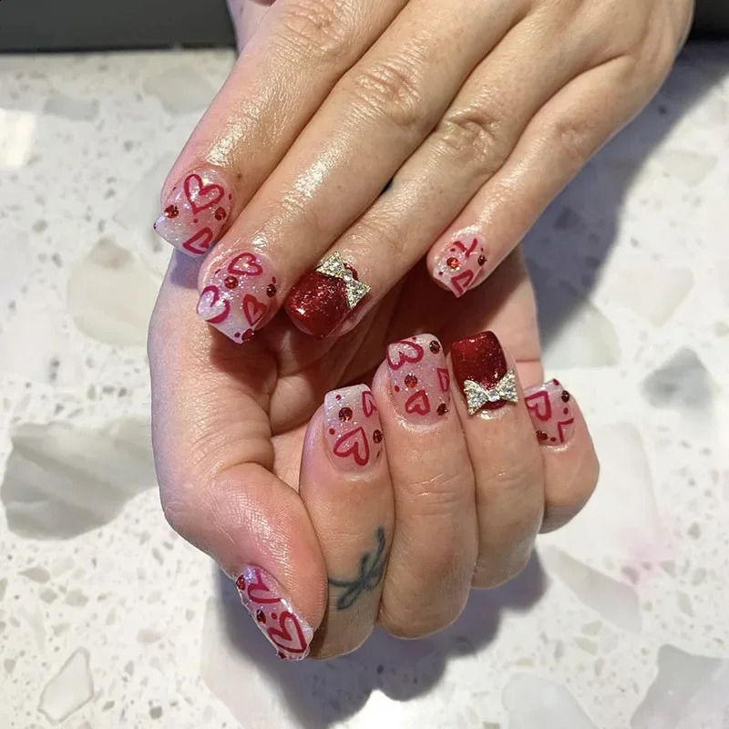 Heallor 24pcs French Detachable Fake Nails Short Square Colorful Love Stars False Nails Full Cover Nail Tips Fake Nails Press on 240914