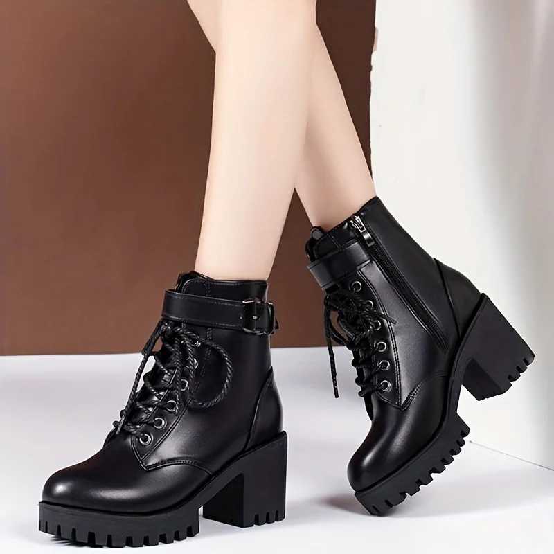 2023 Womens Solid Thick High Heels Fashion Lace Upper Womens Side Zipper Boots Fashion Buckle Details Ankle Boots Z250303