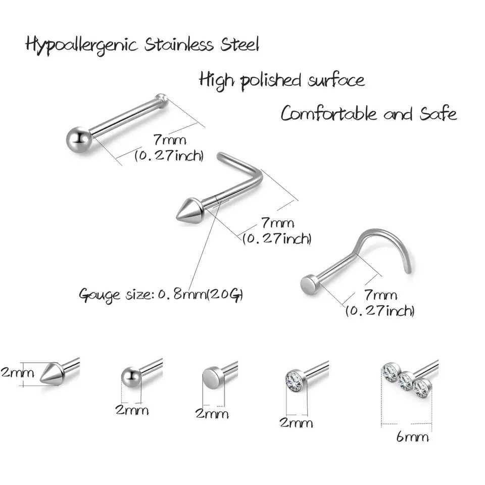 1pcs Surgical Steel Nose Ring 16G 18G 20G Hypoallergenic Studs Set L Shape Body Piercing Hoop Lip Ear for Women Men Y240921