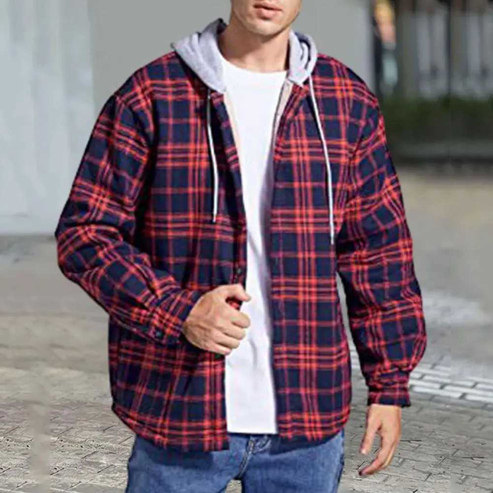 Men Jacket Coat Loose Fit Jacket Men Autumn Coat Stylish Men Plaid Pattern Coat Fleece Lined Hooded Cardigan Thickened Outerwear M240921