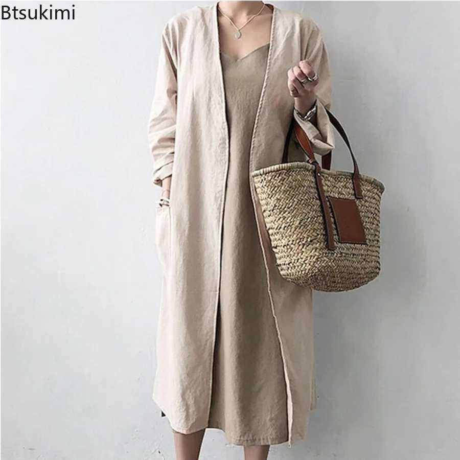 2024 New Womens Simple Temperament Cardigan Solid Long Trench Coats Fashion Casual V-neck Kimono Tops Women Long Jackets RobeX240921