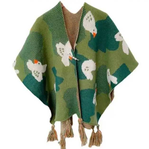 Raincoat travel shawl autumn and winter ethnic style knitted shawl high-end new style outer scarf split style womens shawl green W240921
