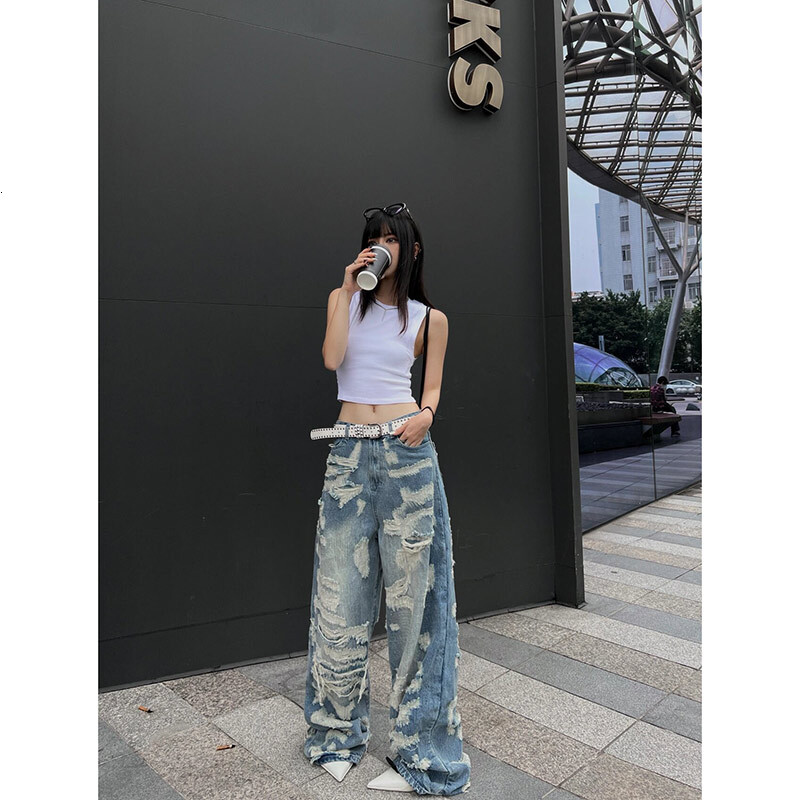 Women Blue Ripped Jeans Haruku Y2k 90S Aesthetic Oversize Denim Trousers High Waist Cowboy Pants Vintage 2000S Trashy Clothes