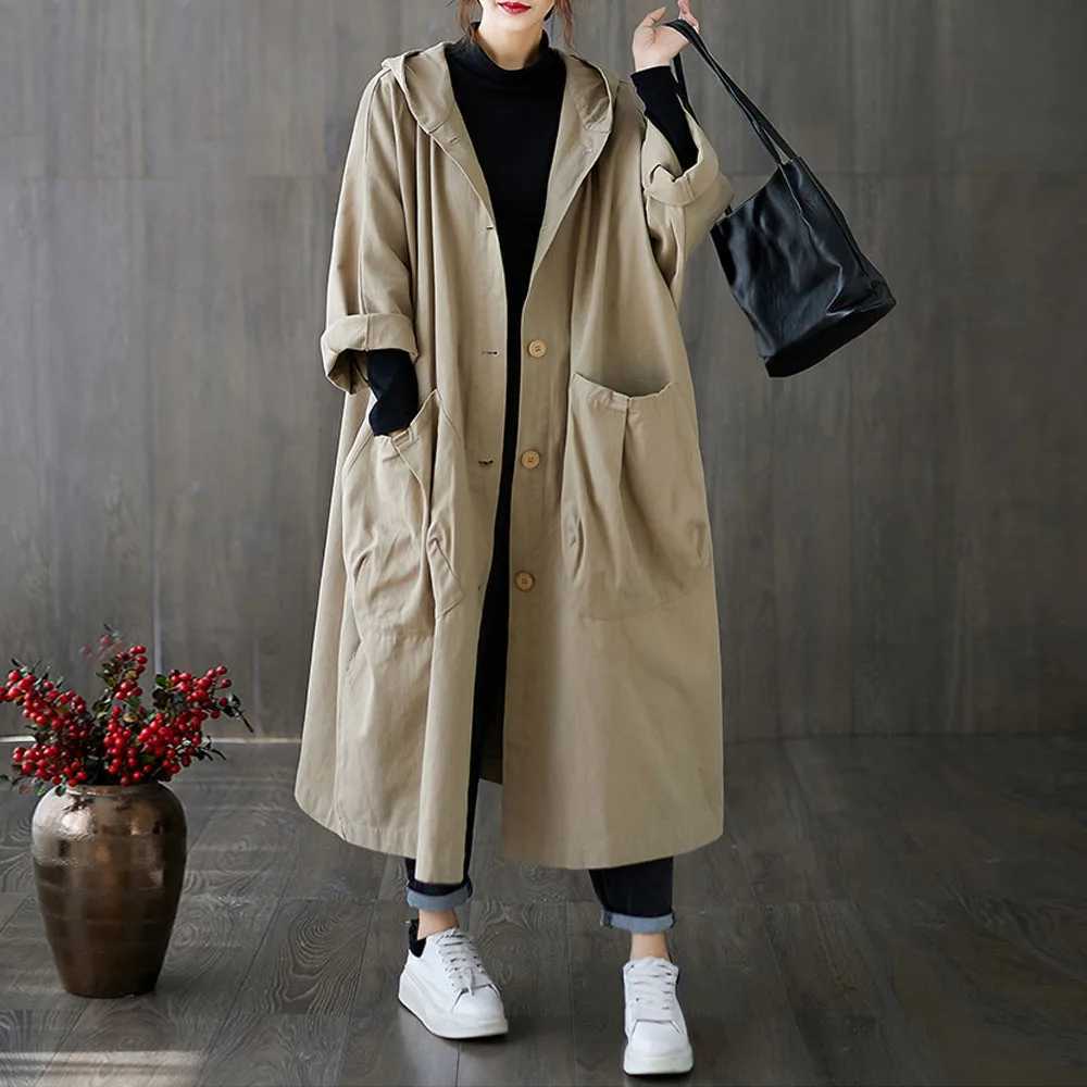 Womens Oversized Cotton Windbreaker Hooded Long Trench Coat Streetwear Coat For WomenX240921