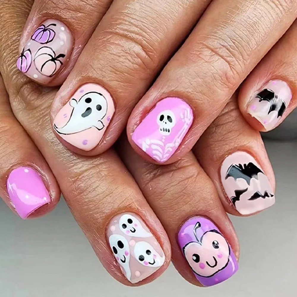 24Pcs Short Square Fake Nails Press On Nails Charm Detachable False Nails Patch Halloween Party For Cosplay Party 240914