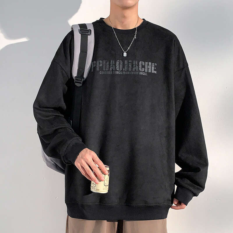 Heavy Duty Suede Sweatshirt For Men, Autumn Trendy Brand, American Retro Long Sleeved T-Shirt, Loose Oversized Top For Teenagers