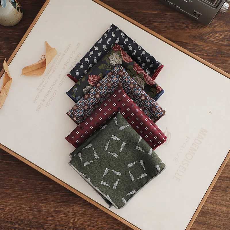 23cm New Design Mens Green Brown Pocket Square Floral Polyester Soft Handkerchief Wedding Party Tuxedo Accessories Cravat HankyX240921