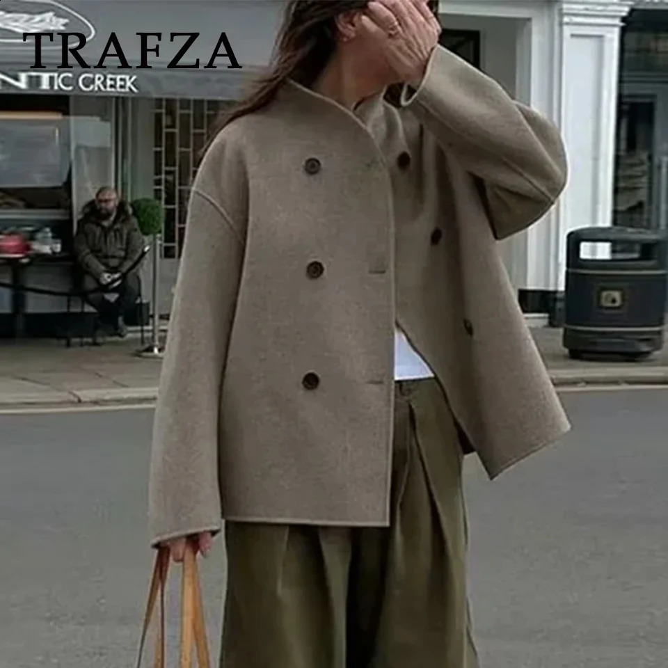 TRAFZA 2024 Autumn Winter Women Casual Solid Woolen Coat Fashion Office Lady Loose Double Breasted Turtleneck Demiseason Jacket 240919