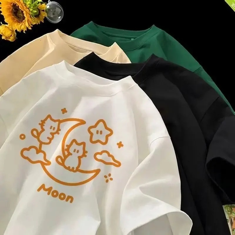 2024 Summer Personalized Street Trendy Casual Couple Plus Size Short Sleeve Korean Cartoon Cat Printed Women's Pattern T-shirt Top Free Shipping