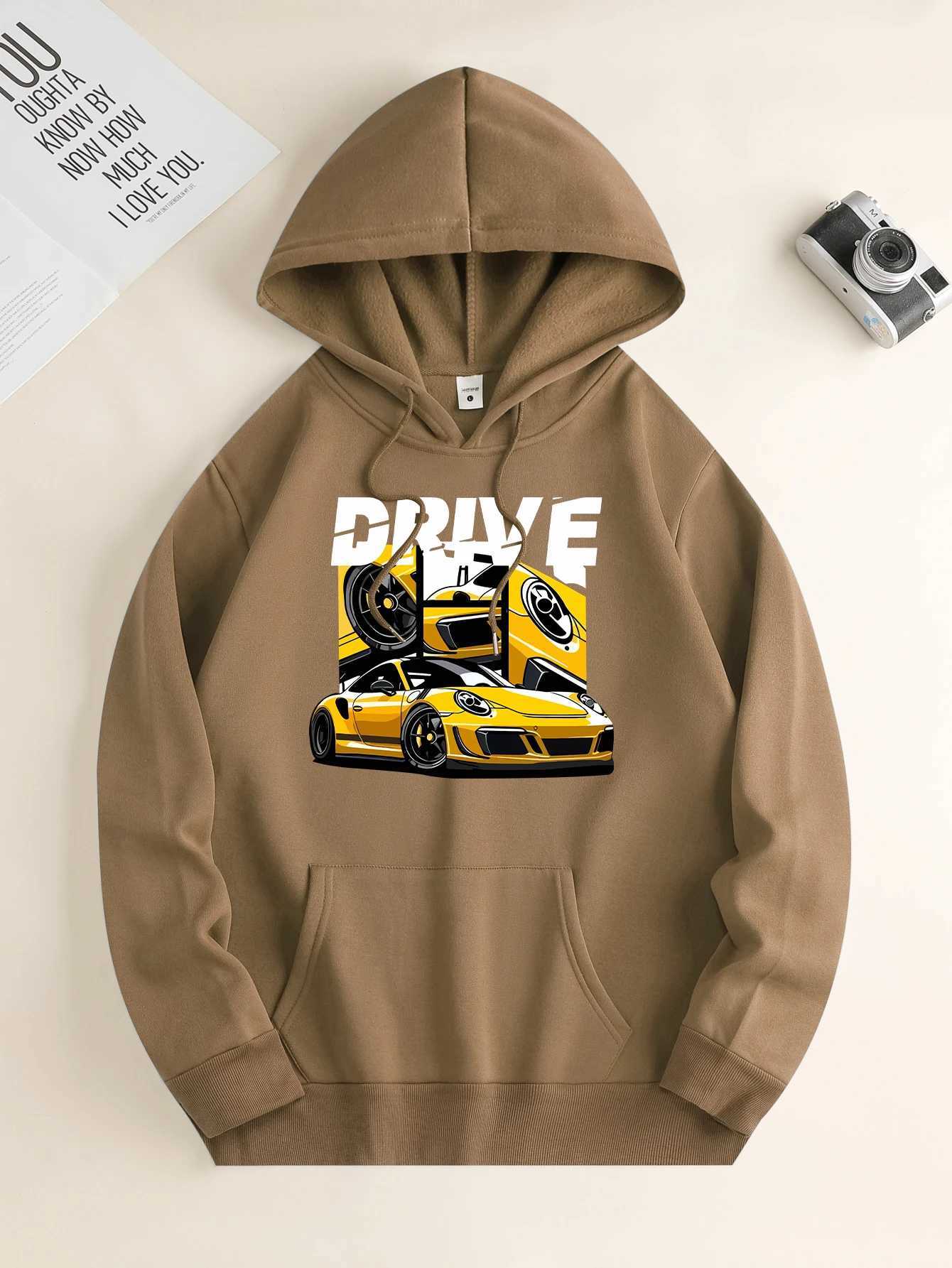 Mens new fashion hoodies casual daily drawstring hooked sweatshirts car prints front kangaroo pockets mens blouses W240921