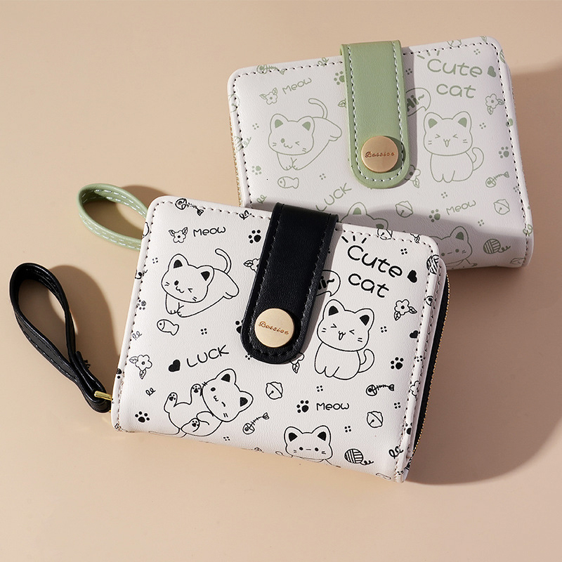 2024 New Cute Cat Girl Wallet Short Student ID Bank Card Clip Money Bag Zipper Wallet Women's Key Storage Coin Wallet Free Shipping