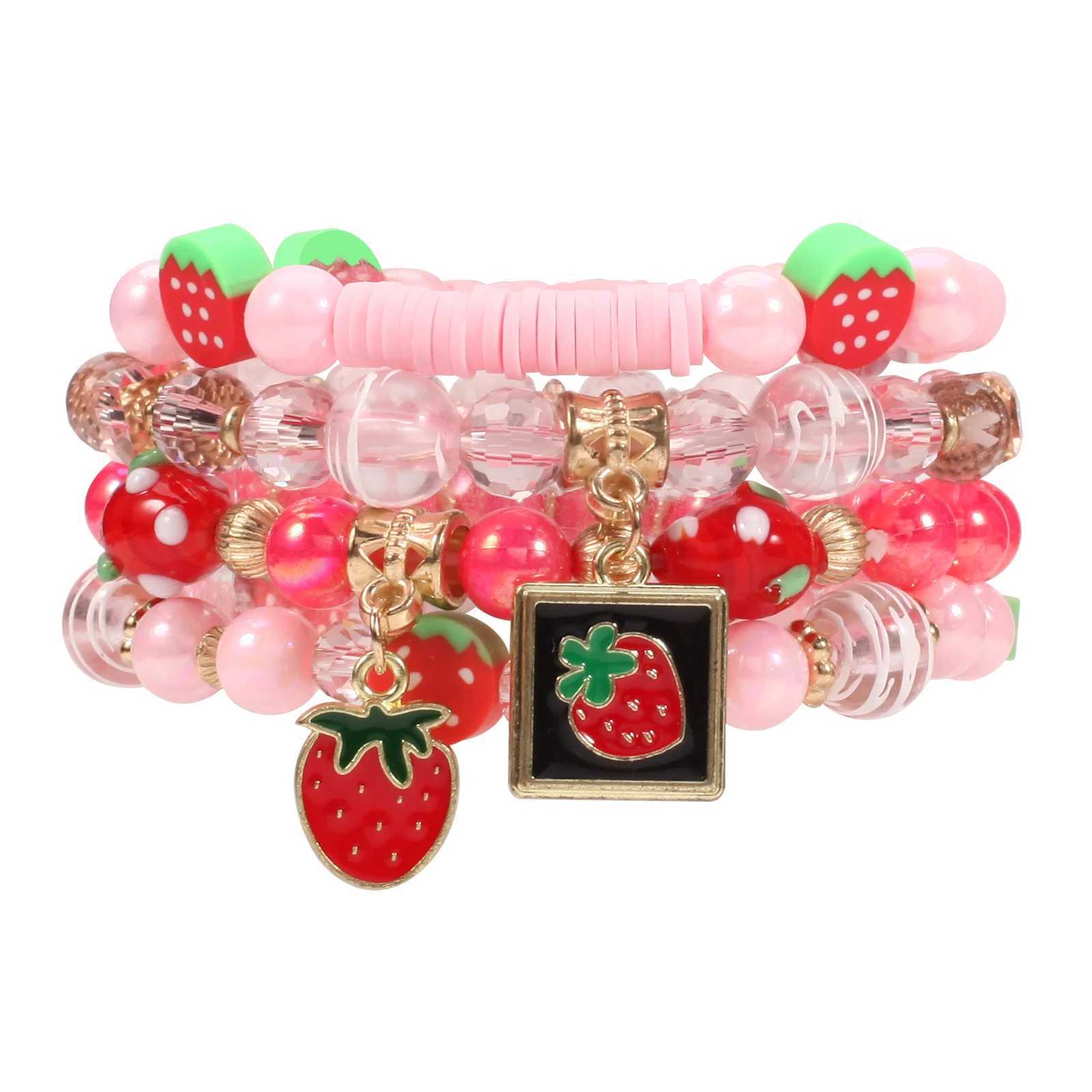 Strawberry Pendant Pink Beads Multilayer Stretch Bracelet Cute Fruit Design Hand Decoration Gift For WomenX240921