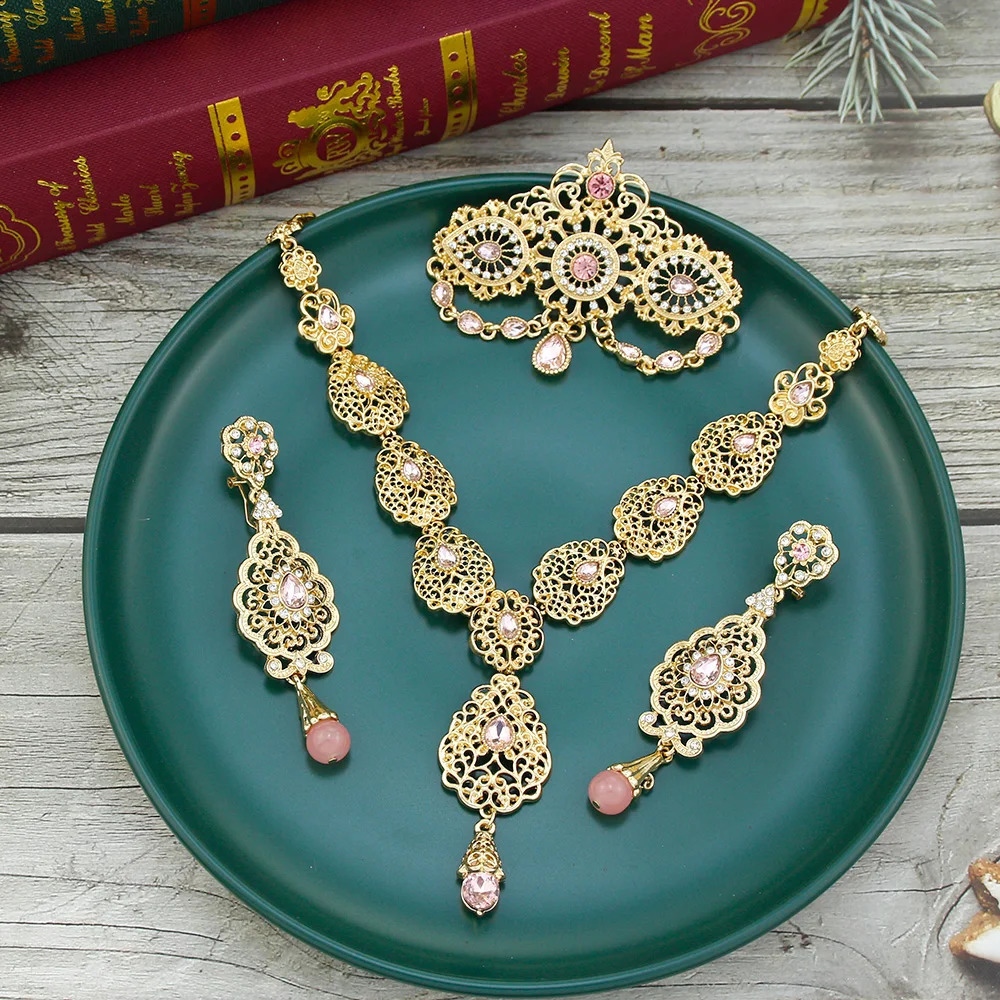 Sunspicems Gold Color Moroccan Bride Jewelry Sets for Women Caftan Brooch Earring Necklace Set Algeria Flower Pendant Necklace 240911