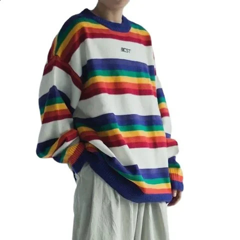 Retro colored blocked round neck knitted top with striped rainbow sweater loose fit suitable for mens autumn and winter fashion 240921