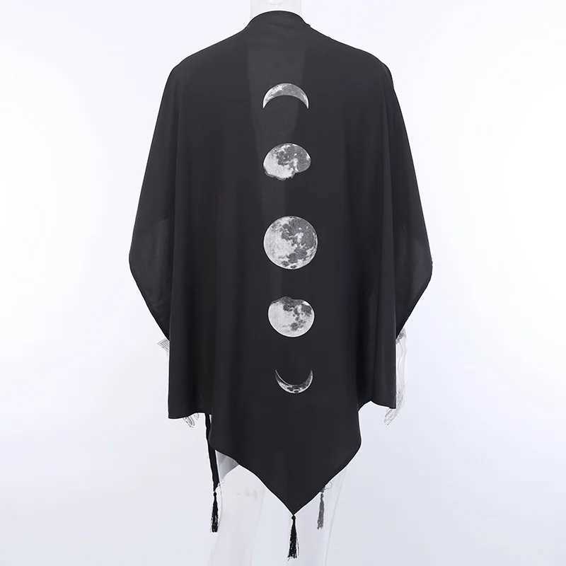 FICHOR Gothic Moonphase Womens Black Cloak Autumn/Winter Geometric Y2k Graphic Gothic Coat Large Irregular Raincoat for Women W240921