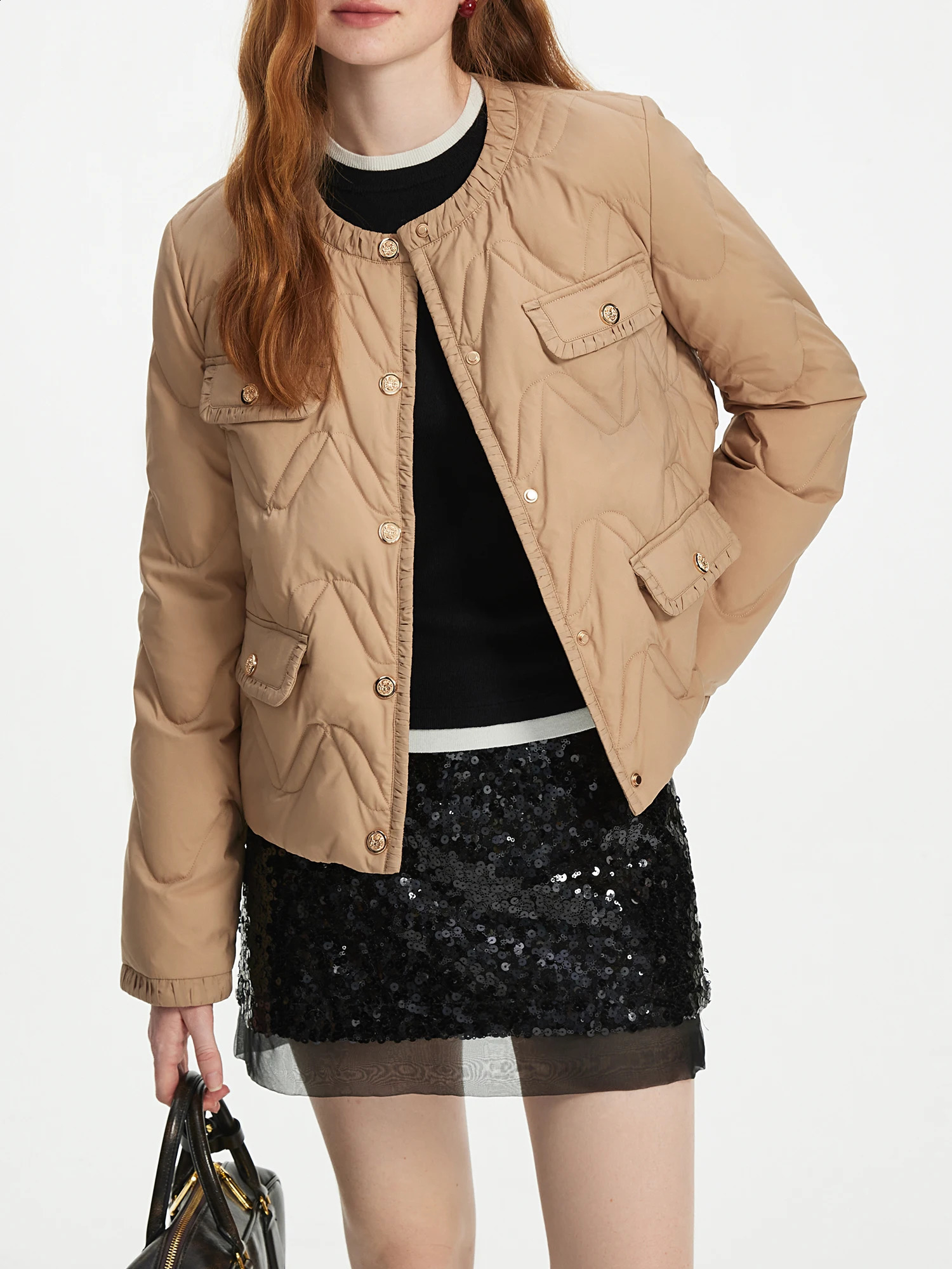 FSLE 60G Fill Quantity Womens Thin Coat Round Neck Elegant Heart Button Womens White Duck Black Down Jacket 24FS14103 240913