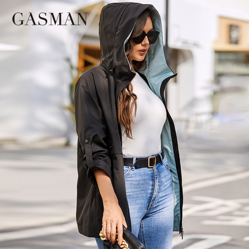 GASMAN New Women's Jacket Spring 2022 Short High-Quality Trench Coat Women Windbreaker Hooded Design Solid Female Outwear 8223