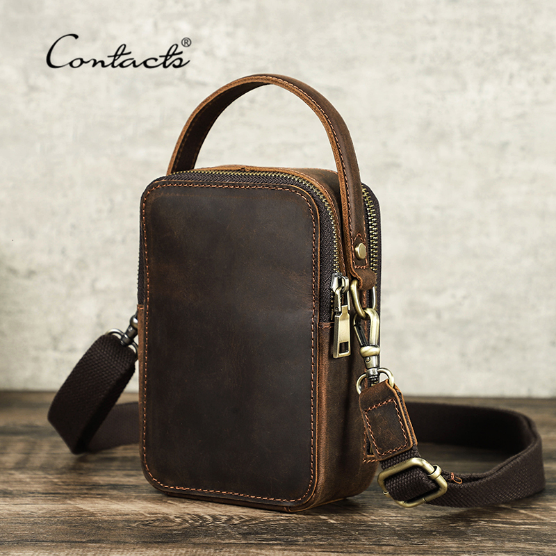 Contact's Men's Designer Genuine Leather Men Small Shoulder Bag Vintage Crossbody Messenger Male Purse Phone Bags Handbag