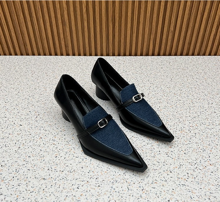 2025 S Fashion Designer Women Leather Shoes Pointed Toe High Clunky Heel Color Blocking Versatile Triple White Blue Free Shipping