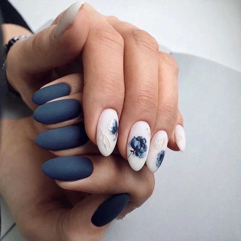 3D nail art decal Royalblue white floral watercolor flower leaf adhesive slider nail sticker W240823