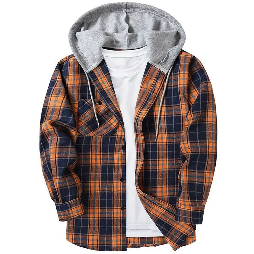 Men Plaid Long Sleeve Hooded Shirts Button Work Drawstring Casual Tops Cardigan Button Down Work Coat Tops Hoodie M240921