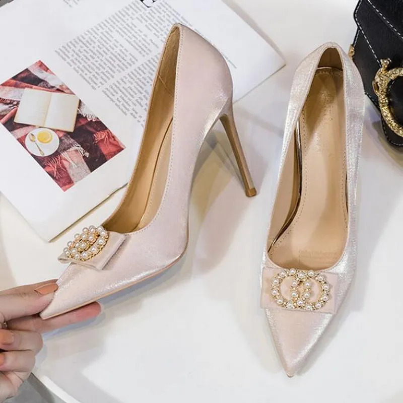 White high heels womens wedding shoes thin high heels pearl rhinestone toe temperature womens autumn single shoes bridesmaid 240919