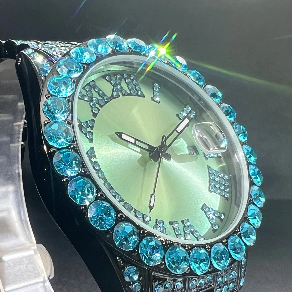 MISSFOX Diamond Watch For Men Fashion Light Blue Stainess Steel Quartz Wristwatch Hip Hop Rapper Style Waterproof Clock 240909